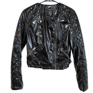 Y2K Wet Seal Womens Sz S Jacket Shiny Pleather Latex Moto Cropped Rocker Biker